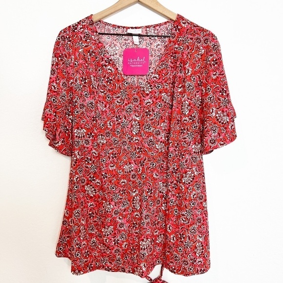 ISABEL MATERNITY BY INGRID AND ISABEL LARGE RED PINK WHITE WOMEN BLOUSE NEW - Picture 1 of 4
